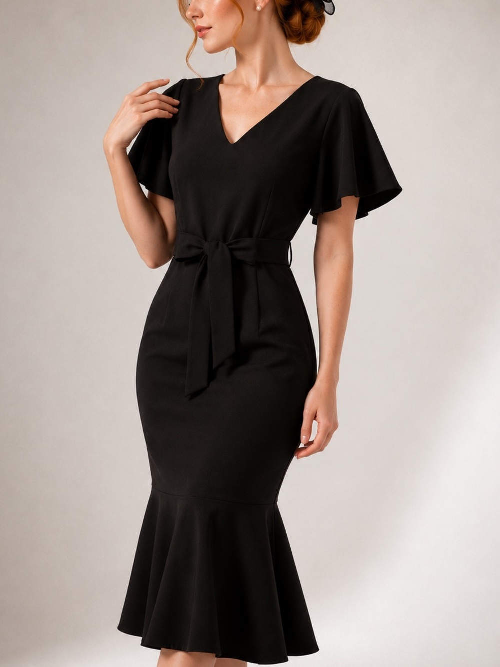Black Midi Dress Chic Cocktail Fishtail V Neck Flutter Sleeve Evening Sz Medium